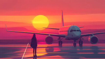 A traveler stands by an airplane at sunset, capturing the essence of adventure and wanderlust at the airport. Wanderlust. Illustration