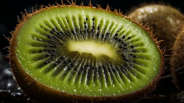 Macro Shot of a Fresh Kiwi Slice with Water Droplets. For food brands use. Health and nutrition blogs and recipe books use. Packaging design use.