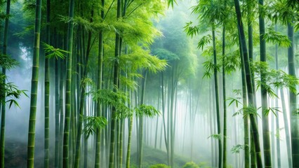 Fototapeta premium Dense foliage of tall bamboo plants swaying gently in a misty forest atmosphere , japan, greenery