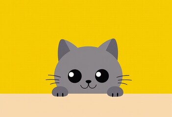 Adorable British Shorthair Cat Peeking Over a Table Against a Bright Yellow Background, Perfect for Mobile Wallpaper, 4K Ultra HD Quality, Sharp and Detailed Design
