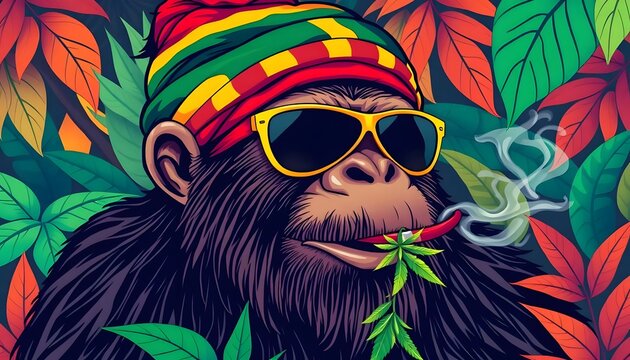 Cool Chimp in Reggae Beanie: Vibrant Tropical Illustration