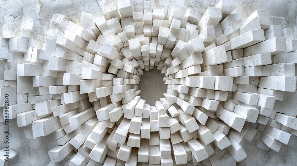Poster abstract white cubes radiating outwards creating a vortex effect on a textured background.