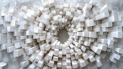 Abstract white cubes radiating outwards creating a vortex effect on a textured background.