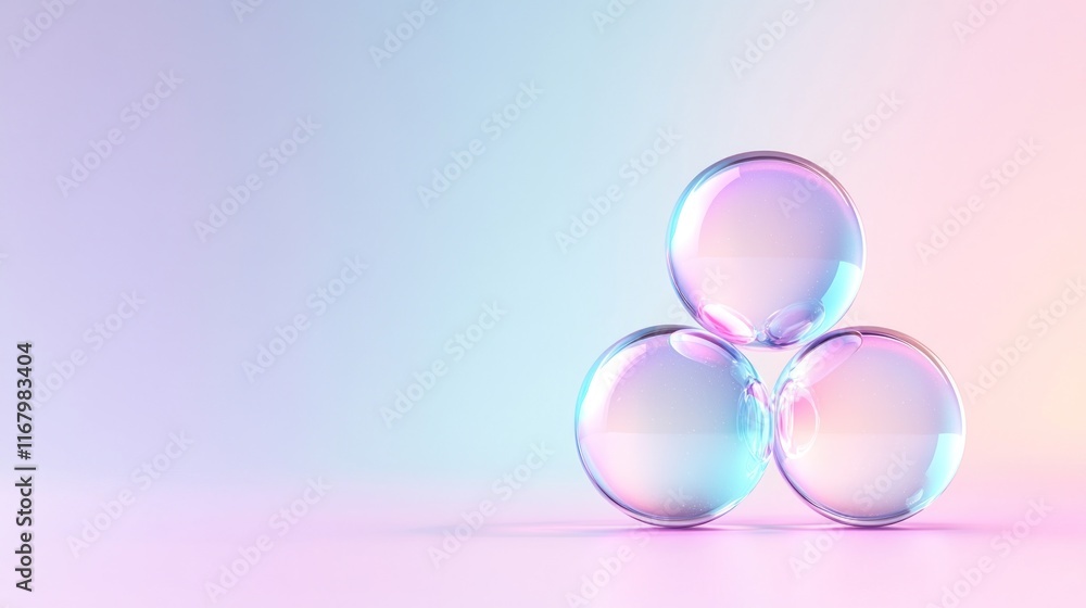 Poster three transparent bubbles on a soft gradient background.