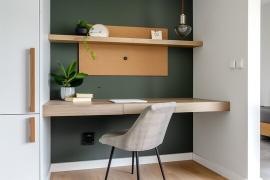 Compact home office nook with a floating desk, sleek storage cabinets, and a corkboard for organization against a dark green accent wall. interior design concept