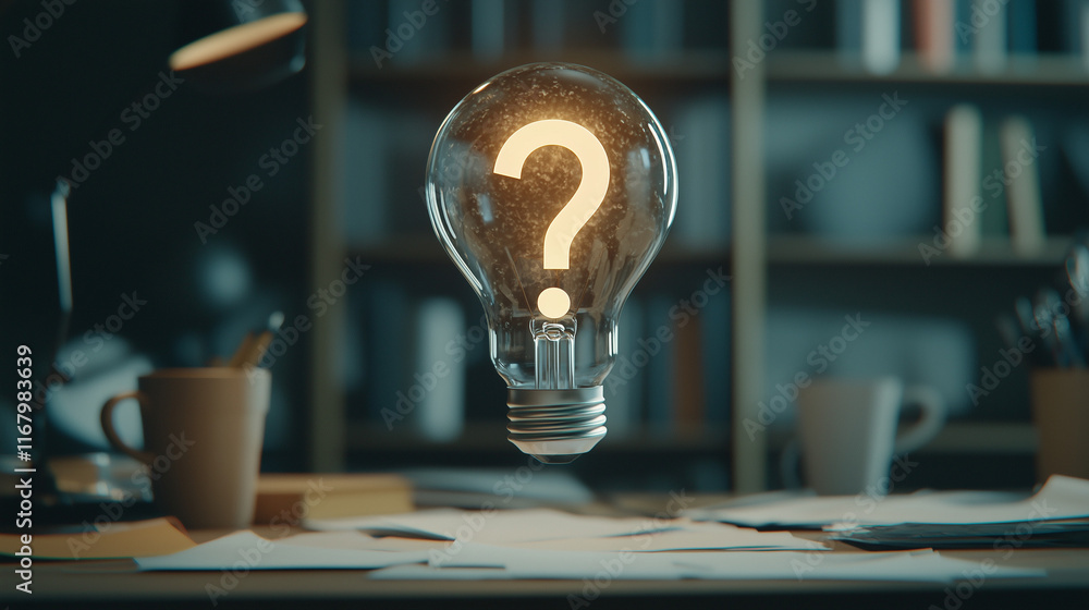 Aufkleber illuminating inquiry: a question mark glows inside a levitating lightbulb, set against a dimly lit s