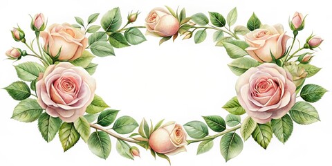 A delicate rose flower with lush green leaves framed in a elegant floral wreath, leafy frame, botanical illustration