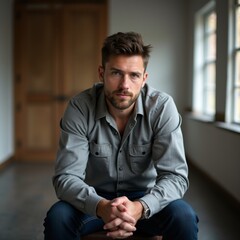 Fototapeta premium A man with a thoughtful look sitting on a chair in an empty room.