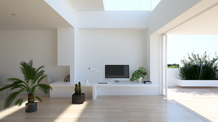 Minimalist home office interior design featuring a white desk, a large monitor, potted plants, and natural light streaming through floor-to-ceiling windows.