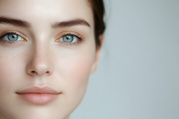 Fototapeta premium Close-up of Woman's Face with Freckles, Blue Eyes, and Natural Makeup