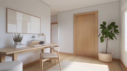 Scandinavian-style home office interior design with light wood furniture, neutral tones, and a green plant on the desk for a fresh ambiance.