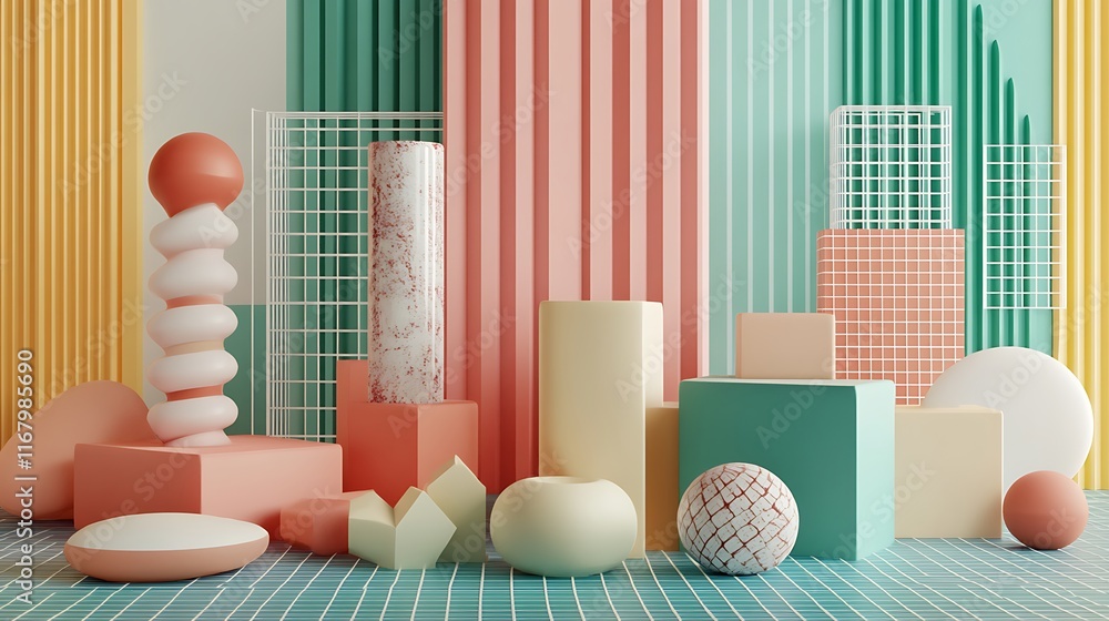 Poster creative 3d representation of cubes and geometric forms, elegantly organized in a captivating layout