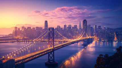 Fototapeta premium stunning cityscape featuring bridge connecting urban landscapes at sunset, showcasing vibrant lights and reflections on water. scene evokes sense of tranquility and wonder
