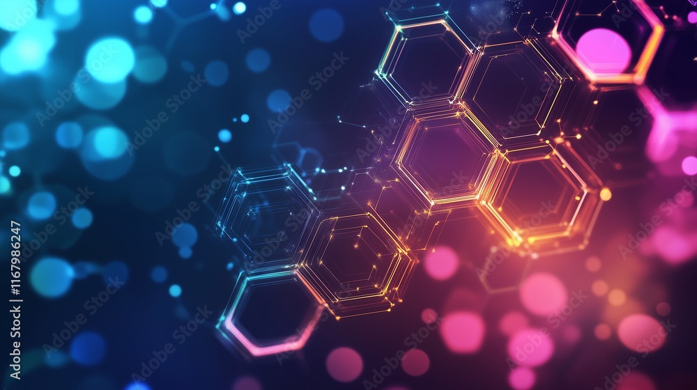 Poster abstract interconnected glowing hexagons with neon gradients, seamlessly blending into a dark futuri