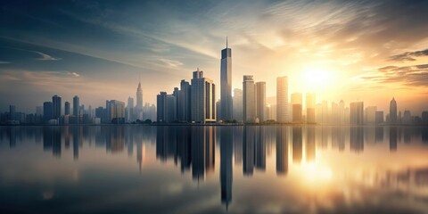A minimalist grey background with a blurred cityscape at sunset, featuring a sleek skyscraper and a few buildings in the distance, with a subtle gradient effect , magazine cover, urban landscape