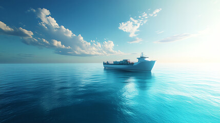 Obraz premium Futuristic cargo ship floating gracefully on a brilliant blue sea, symbolizing advanced maritime logistics in a serene oceanic landscape.