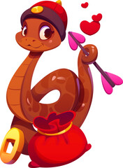 Chinese lunar new year and valentine day cartoon cute snake character wearing festive hat, holding a heart tipped arrow, surrounded by floating hearts, with money pouch and a gold coin lie beside
