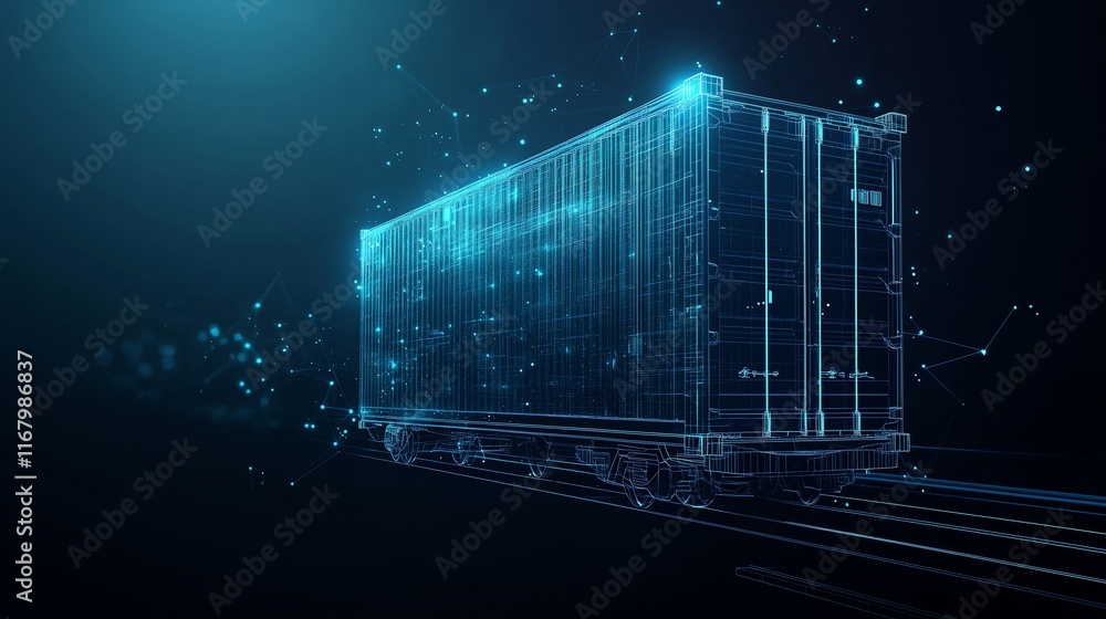 Poster abstract rail transfer container with a dark blue background, featuring low-poly wireframe lines, gl