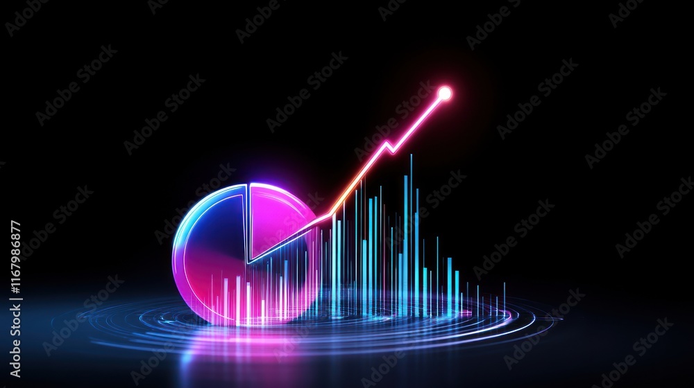 Poster a vibrant graphic depicting data analysis with a pie chart and growth trend.