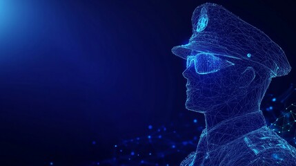 Abstract Customs Officer with Dark Blue Background, Featuring Low Poly Wireframe, Geometric Lines, Copy Space, and Glowing Particles for a Modern and Minimalist Aesthetic.