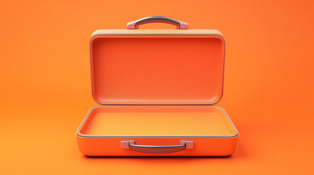Opened 3D orange briefcase empty isolated on an orange background