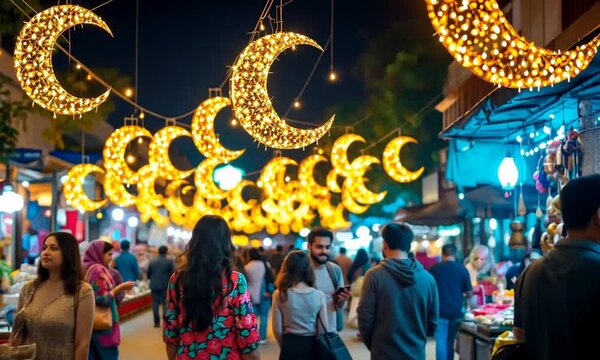 row of golden crescent-shaped decorations hanging above a bustling outdoor bazaar