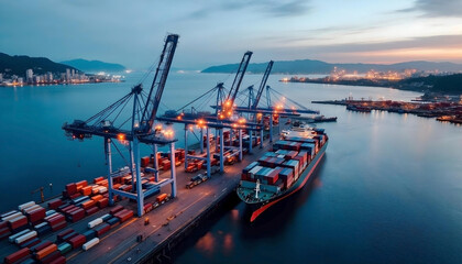 A busy cargo terminal at night with cranes loading containers onto ships in a bustling maritime port