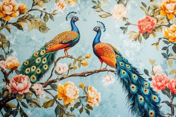 Hand-painted retro wallpaper showcasing colorful birds and majestic peacocks amid flourishing flowers and nature-inspired details. 