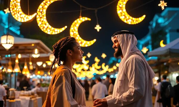 row of golden crescent-shaped decorations hanging above a bustling outdoor bazaar