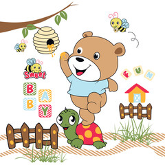 Adorable bear vector in a garden surrounded by flowers, enjoying sweet honey from a honey pot.