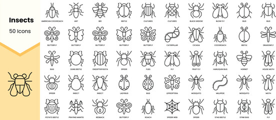 Set of insects icons. Simple line art style icons pack. Vector illustration