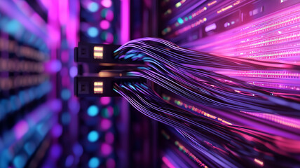 a telecommunication room with fiber optic cables being connected to network servers, interior view, cables organized into vibrant, glowing bundles, set against industrial racks and blinking lights
