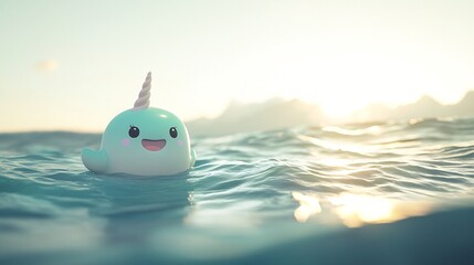 Cute narwhal floats ocean sunset, digital art, kids