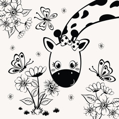 Adorable giraffe vector illustration with flowers and butterflies. Whimsical and charming design.