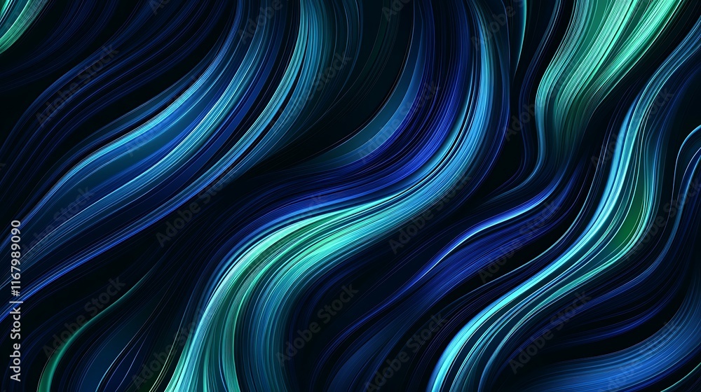 Poster dynamic abstract vector wave lines in vibrant blue and green hues, seamlessly flowing against a deep