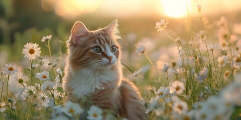 Obraz premium Golden Hour Cat in a Field of Daisies
