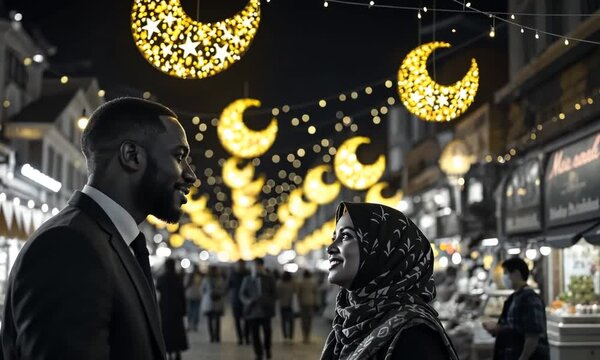 row of golden crescent-shaped decorations hanging above a bustling outdoor bazaar