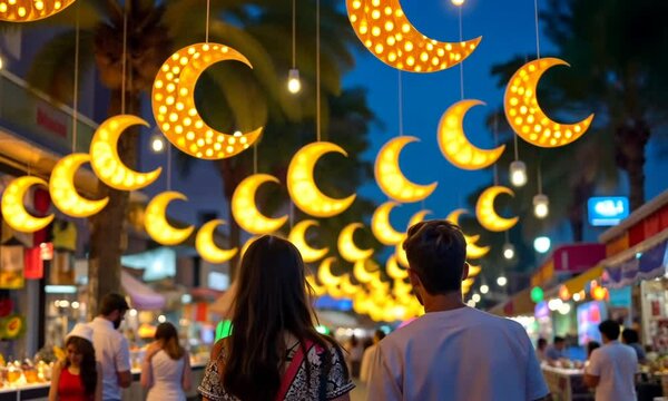 row of golden crescent-shaped decorations hanging above a bustling outdoor bazaar