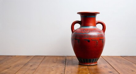 Red theme ancient ceramic vase on plain white background