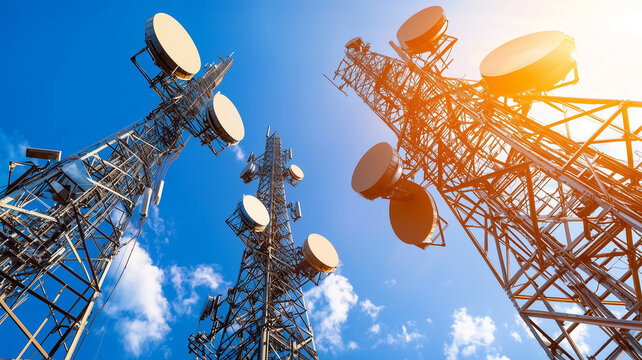 Towering telecommunication antennas against a bright blue sky with the sun shining between them.
