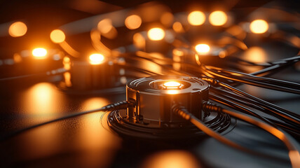 A futuristic depiction of network connections with glowing wires linked to a central node, representing technology integration and communication systems
