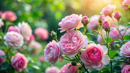 Obraz premium delicate pink roses blooming in a lush green garden, beauty, garden, beauty, garden, botanical, blooming