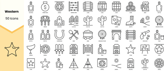 Set of western icons. Simple line art style icons pack. Vector illustration