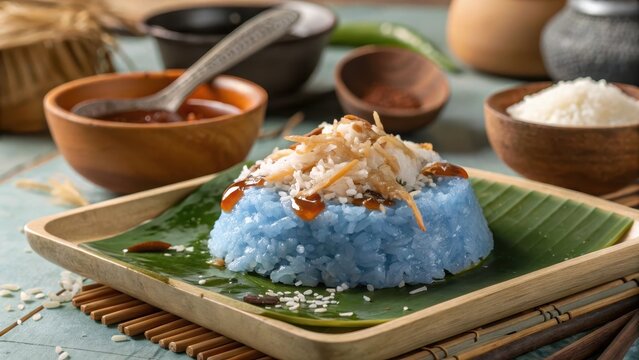 Close-Up of Pulut Inti with Blue Glutinous Rice and Coconut Topping
