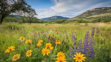 Fototapeta premium Explore vibrant wildflowers blooming in scenic mountain valley