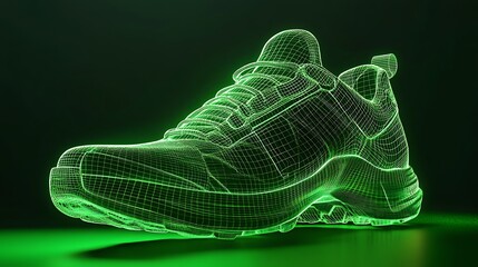 Futuristic wireframe shoe design against a green background, emphasizing technological innovation and eco-friendly concepts for a modern look