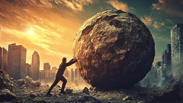 A man struggles to move a large boulder in a dramatic cityscape.