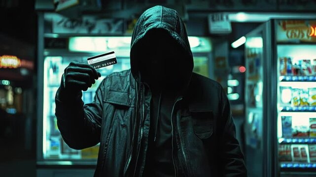 A mysterious figure in a hood holds a credit card in a dimly lit store.