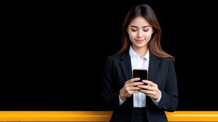 A woman in a suit using a smartphone against a dark background.