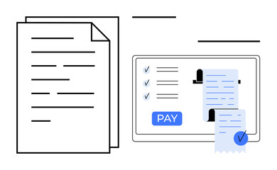 Digital bill payment process on tablet with Pay button, checkmarks on receipts, paper documents. Ideal for online transactions, finance management, paperless billing, digital receipts, electronic